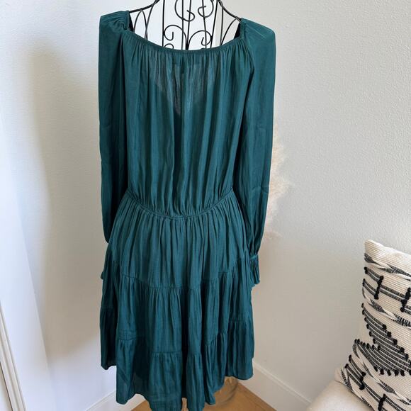 Boutique Forest Green Satin Long Ruffle Sleeve Tiered V- Neck Mini Dress - Picture 3 of 8